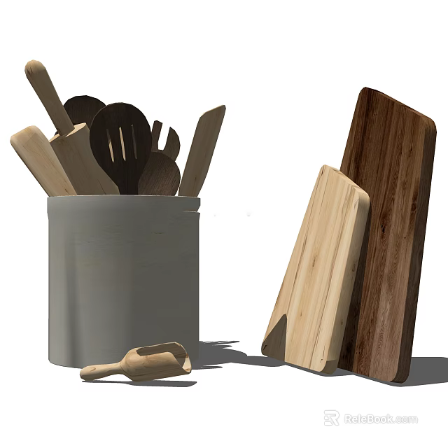 Wooden Kitchen Utensils In White Container With Cutting Boards And Spatulas 3d model 