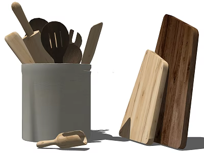Wooden Kitchen Utensils In White Container With Cutting Boards And Spatulas 3d model