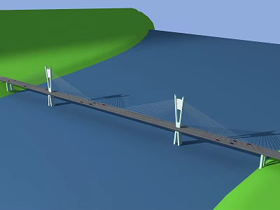 Modern Cable Stayed Bridge Spanning Blue Water With Green Land And Vehicles 3d model