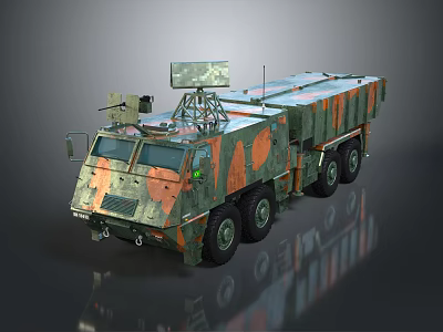 Camouflaged Military Vehicle with Multiple Wheels and Radar Equipment on Top 3d model
