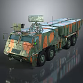 Camouflaged Military Vehicle with Multiple Wheels and Radar Equipment on Top