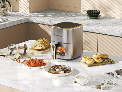 Modern Kitchen Countertop With Air Fryer Cooking Crispy French Fries Bagels And Fresh Bread 3d model