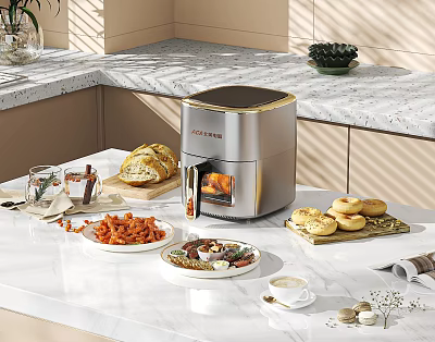 Modern Kitchen Countertop With Air Fryer Cooking Crispy French Fries Bagels And Fresh Bread 3d model