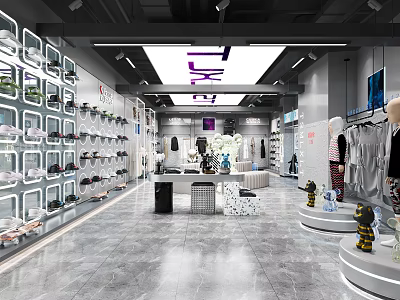 Modern Clothing Store Interior With Shoe Displays Clothing Racks And Display Tables 3d model