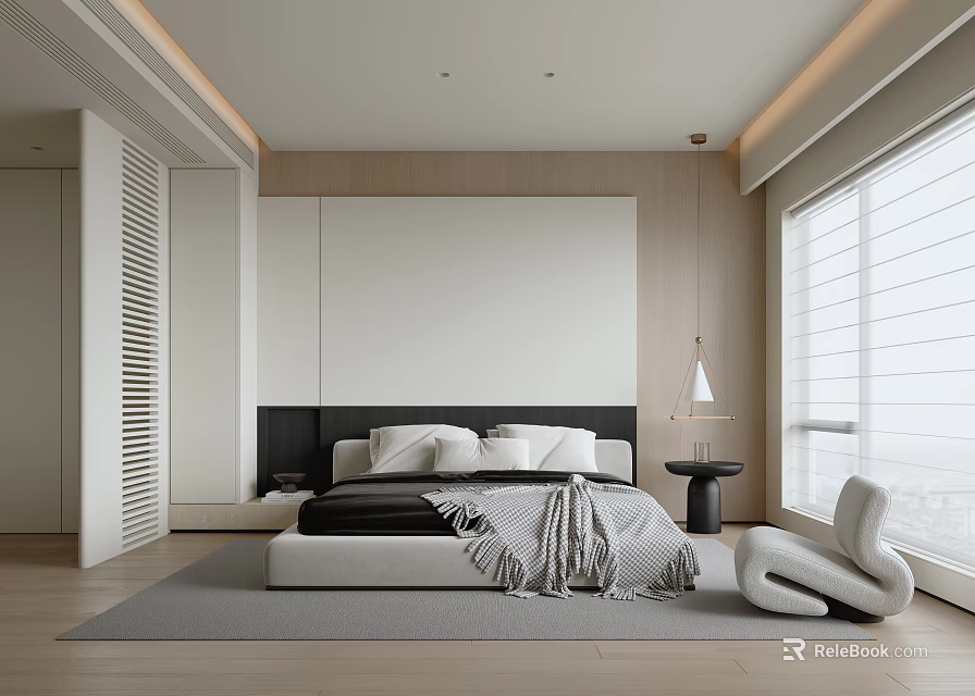 Modern Minimalist Bedroom With Large Bed Wooden White Headboard White Gray Bedding Light Wood Flooring 3d model 
