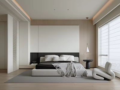 Modern Minimalist Bedroom With Large Bed Wooden White Headboard White Gray Bedding Light Wood Flooring 3d model