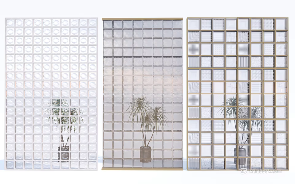 Three Different Styles Glass Room Dividers With Potted Plants In Background 3d model 