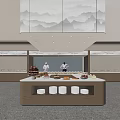 Modern Food Service Counter with Chefs Dessert Display and Mountain Pattern Decor