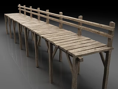 Simple Long Wooden Bridge With Railings Supporting Posts And Wooden Planks 3d model