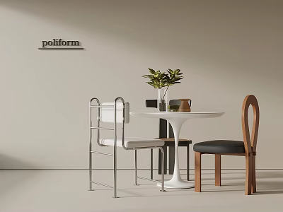 Modern Interior Featuring White Round Table and Different Designed Chairs with Green Plant 3d model