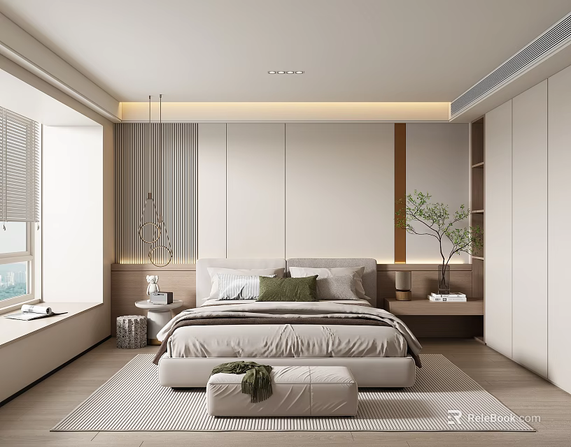 Modern Bedroom Interior Design With Headboard Wall Pendant Light Window Seat Green Plant And Rug 3d model 