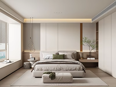 Modern Bedroom Interior Design With Headboard Wall Pendant Light Window Seat Green Plant And Rug 3d model