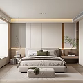 Modern Bedroom Interior Design With Headboard Wall Pendant Light Window Seat Green Plant And Rug