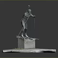 Skier Statue Standing On Square Base With Brick Pavement And Snow Details 3d model