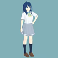 Young Woman In School Uniform With White Shirt Gray Pleated Skirt And Blue Hair