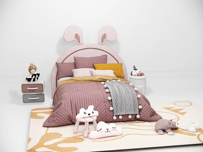 Pink Children's Bed With Rabbit Ear Shaped Headboard Soft Pillows Plush Toys And Small Stool 3d model