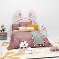 Pink Children's Bed With Rabbit Ear Shaped Headboard Soft Pillows Plush Toys And Small Stool