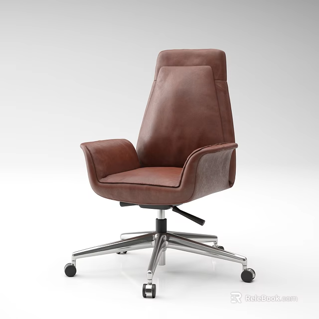 Brown Leather Office Chair With High Back Armrests And Metal Wheel Base 3d model 