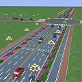 Urban Road Facilities Featuring Decorative Street Lamps Green Belts And Moving Vehicles 3d model
