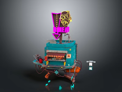 Blue Mobile Bakery Cart With Pink Neon Sign And Baking Tools On Wheels 3d model