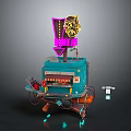 Blue Mobile Bakery Cart With Pink Neon Sign And Baking Tools On Wheels