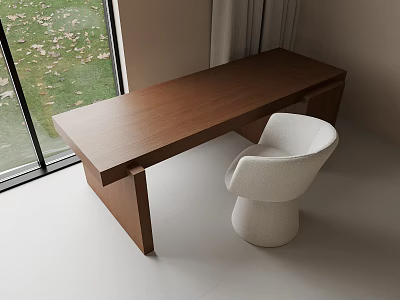 Wooden Desk With White Chair By Window Overlooking Grass And Fallen Leaves 3d model