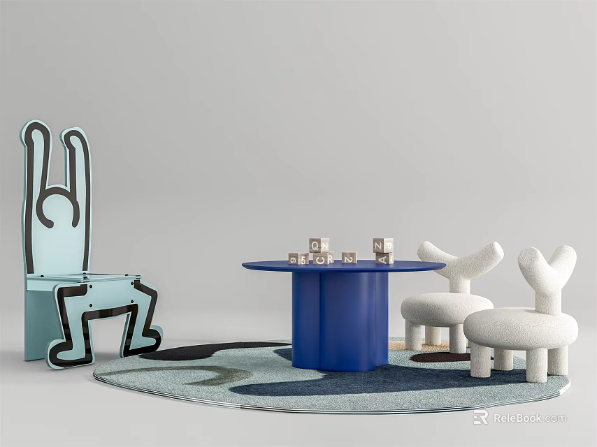 Blue Round Kids Table With Rabbit Shaped Chairs And Building Blocks On Play Mat 3d model 