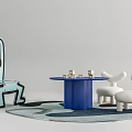 Blue Round Kids Table With Rabbit Shaped Chairs And Building Blocks On Play Mat