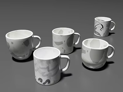 Ceramic Mugs With Various Gray And White Abstract Patterns On Gray Background 3d model