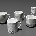 Ceramic Mugs With Various Gray And White Abstract Patterns On Gray Background