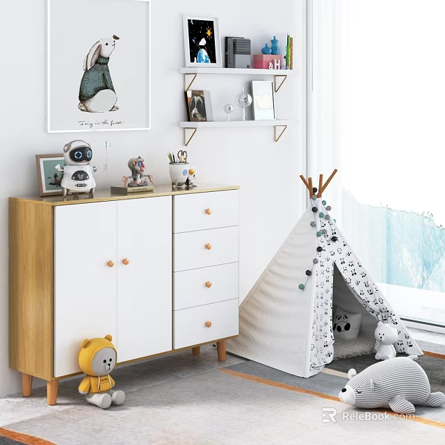 White Polka Dot Tent With Stuffed Toys Inside By Window In Kids Room 3d model 