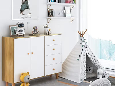 White Polka Dot Tent With Stuffed Toys Inside By Window In Kids Room 3d model