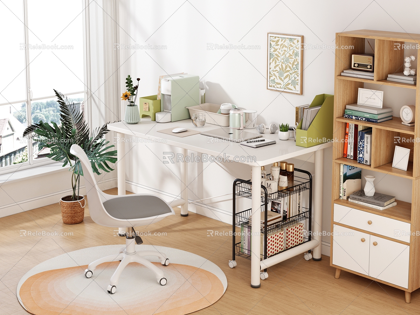 Cream wind desk and chair combination 3d model