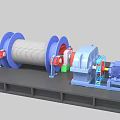 Industrial Winch with Blue Drum Silver Steel Cable Red Components Electric Motor on Gray Platform