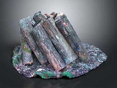 Stacked Natural Wood Logs On Colorful Textured Stone Base Decorative Art 3d model