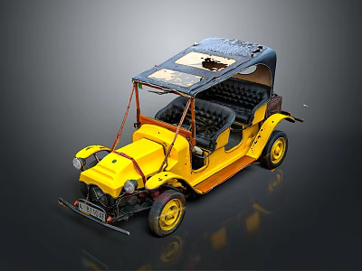 Yellow Vintage Open Top Convertible Car With Worn Black Seats Classic Design 3d model