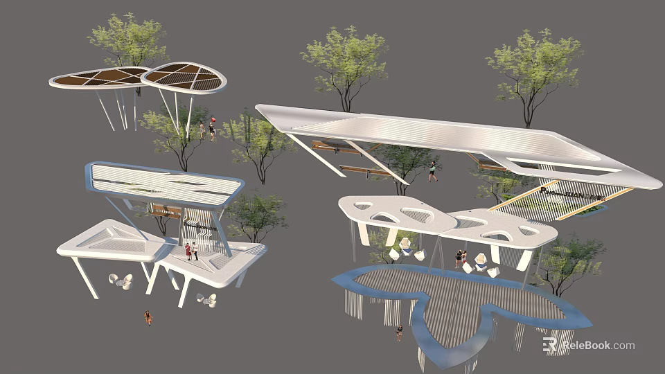 Modern Creative Outdoor Pergola Designs With Trees And People In Landscape 3d model 