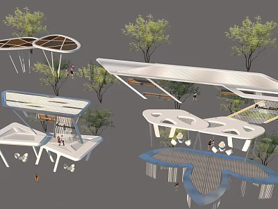 Modern Creative Outdoor Pergola Designs With Trees And People In Landscape 3d model