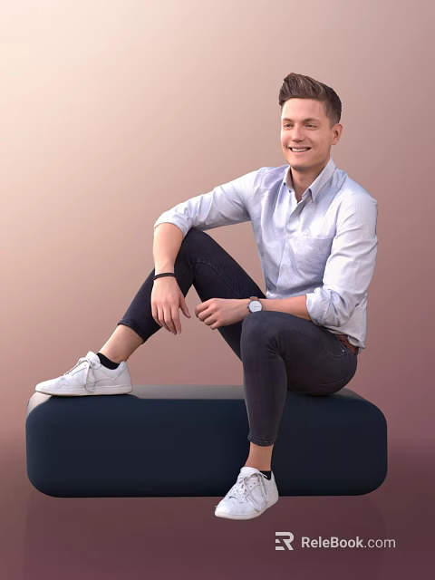 Smiling Man Sitting On Dark Blue Bench In Light Blue Shirt And White Sneakers 3d model 