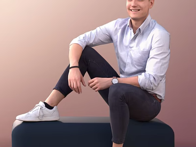 Smiling Man Sitting On Dark Blue Bench In Light Blue Shirt And White Sneakers 3d model