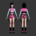 3D Female Character With Headphones Front Back View TRAPSTAR Top Pink Camo Shorts White Straps