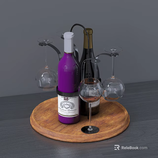 Purple and Dark Wine Bottles with Transparent Glasses Arranged on Round Wooden Tray 3d model 