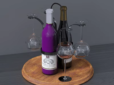 Purple and Dark Wine Bottles with Transparent Glasses Arranged on Round Wooden Tray 3d model