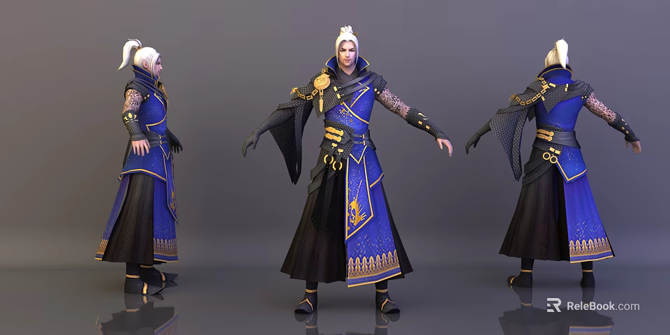 White Haired Character In Blue Black Traditional Robe With Golden Patterns And Headdress 3d model 