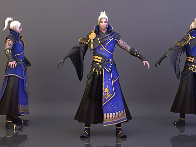 White Haired Character In Blue Black Traditional Robe With Golden Patterns And Headdress 3d model