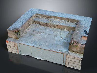 Cartoon Scene Featuring Dilapidated Brick Structure With Stone Slab Floor Broken Walls and Metal Door 3d model