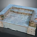 Cartoon Scene Featuring Dilapidated Brick Structure With Stone Slab Floor Broken Walls and Metal Door