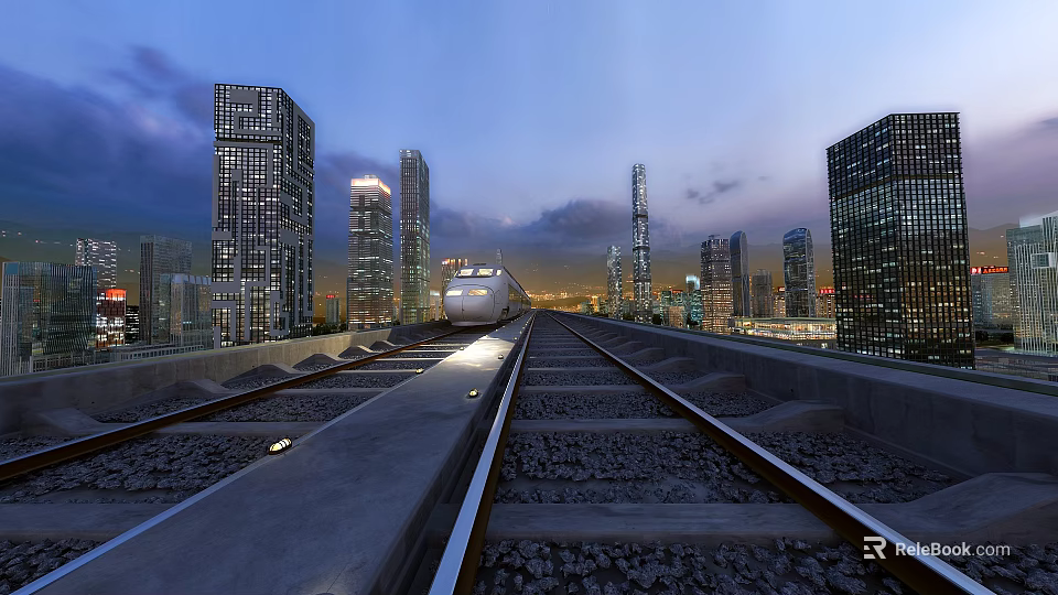 High Speed Train Moving on Railway Track with Modern City Skyline and Tall Buildings 3d model 