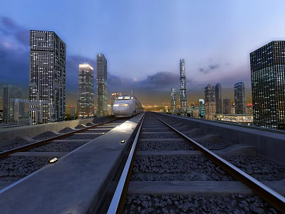 High Speed Train Moving on Railway Track with Modern City Skyline and Tall Buildings 3d model