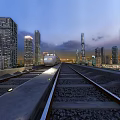 High Speed Train Moving on Railway Track with Modern City Skyline and Tall Buildings
